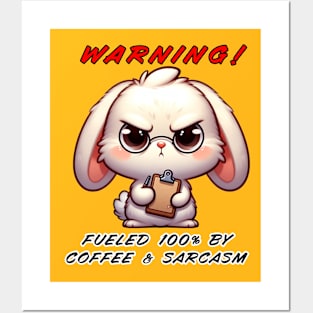 WARNING! Fueled 100% by Coffee & Sarcasm - Funny Bunny Posters and Art